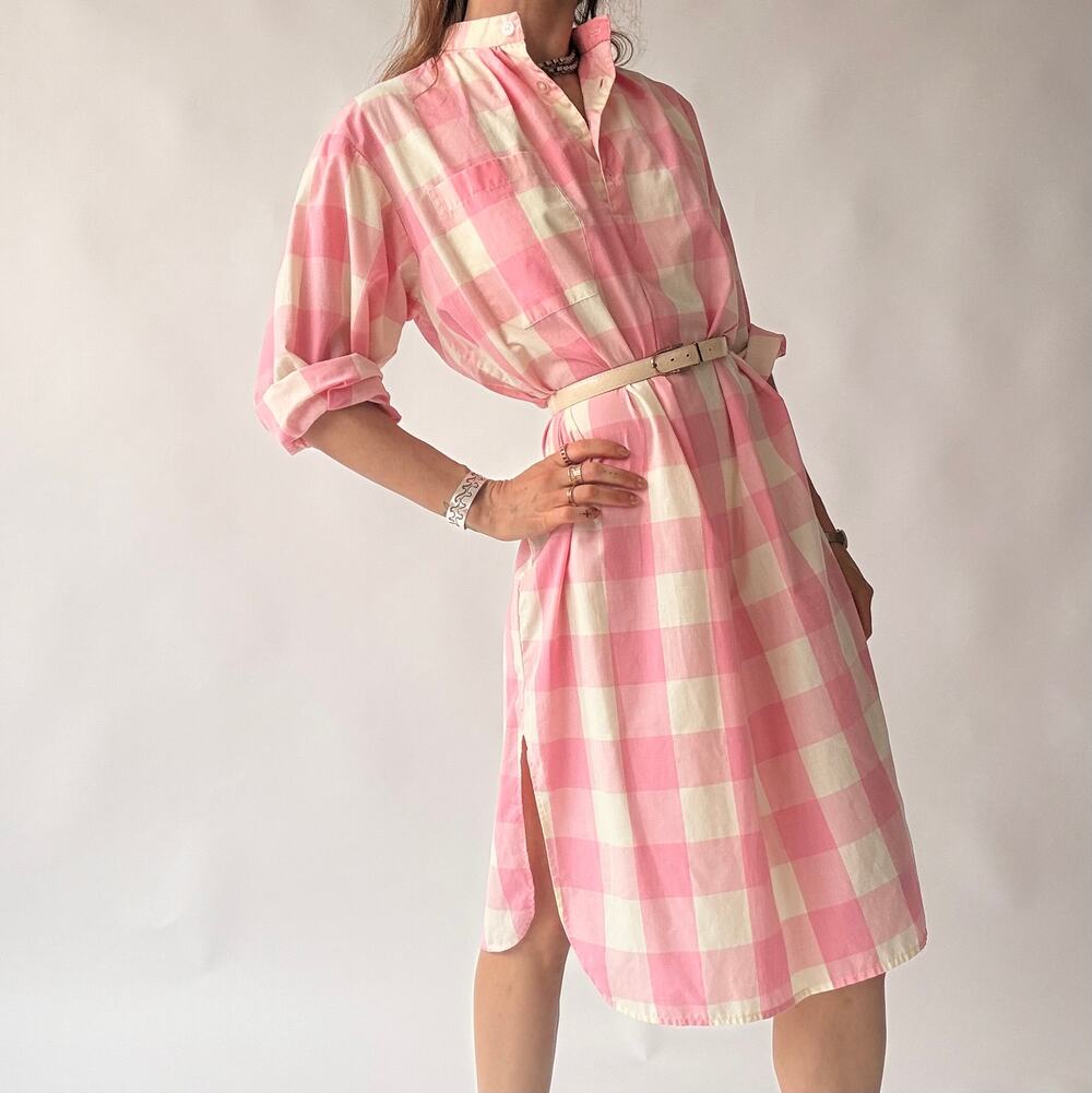 Vintage Michele Small Pink Buffalo Check Shirtdress w/ Pocket - Small